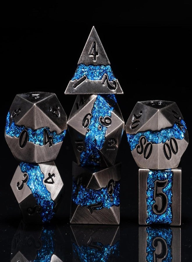 Maywin Metal DND Polyhedral Dice,Large Stripe Glitter Metallic Dice Set,Antique Silver Dice 7pcs Set for Role Playing Games - Image 1